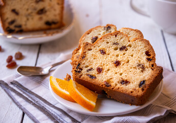 Sweet fruit cake with raisins, delicious baked dessert