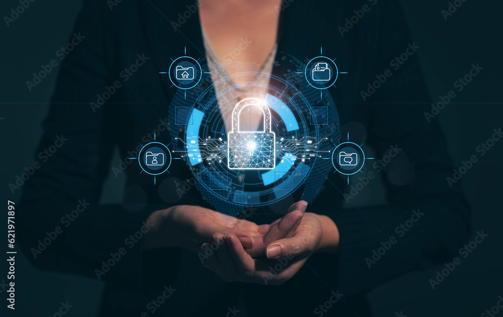 Poster keys in the hands of a young businesswoman. cybersecurity file locking concept with online command s