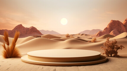 Wooden organic podium or stage for cosmetic product presentation. Desert nature background. Copy space. Generative AI