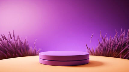 Obraz na płótnie Canvas Wooden purple organic podium or stage for cosmetic product presentation. Lavender field nature background. Copy space. Generative AI