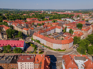 Bytom Silesian Poland 06.05.2023:  Red roof aerial view. Panorama of old city.