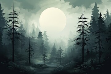 Dark forest. Gloomy dark scene with trees, big moon, moonlight. Smoke, shadow. Abstract dark, cold street background. Night view. Created with Generative AI technology.