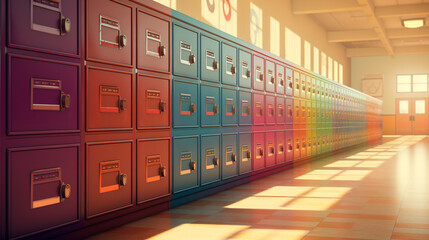 A row of colorful lockers in a school corridor, with empty name tags ready to accommodate students' personal belongings