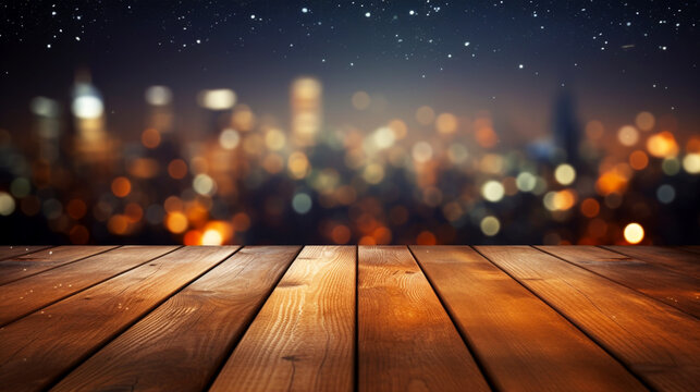 Empty wooden board or table background with copy space. Night city view. Generative AI