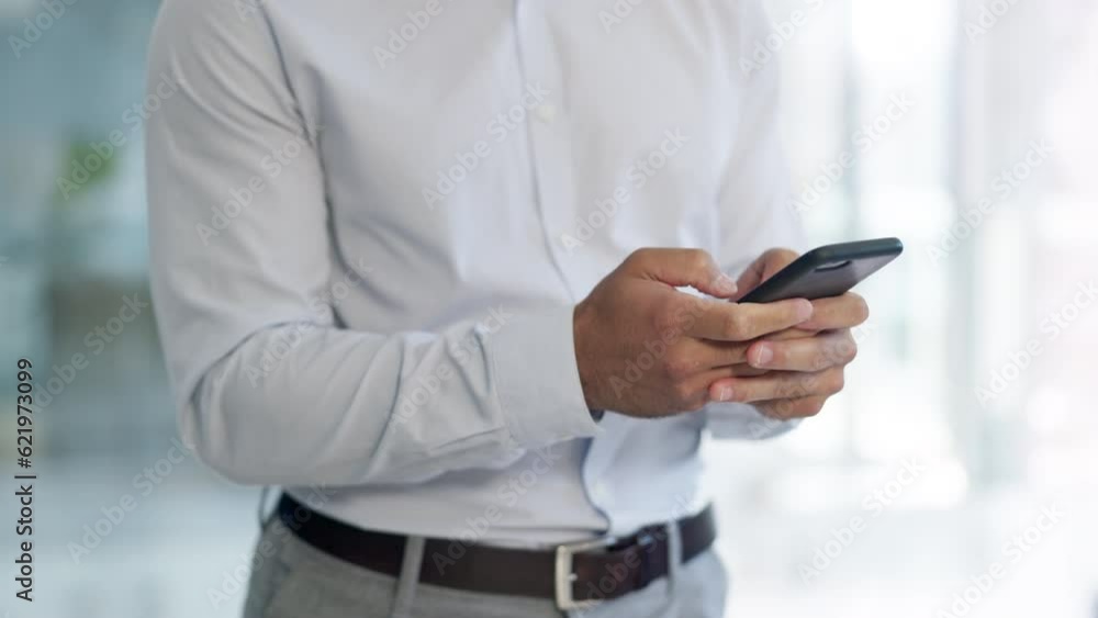 Poster business man, hands and typing on cellphone of connection to social network, mobile internet or sear