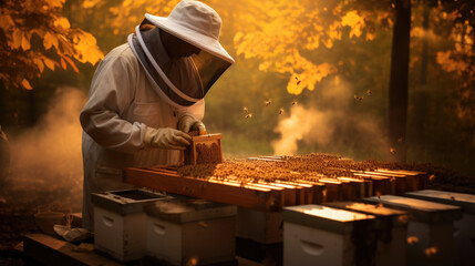 Skilled beekeeper delicately collecting honey from beehives, showcasing the art of beekeeping and harvesting nature's golden treasure. AI generated - obrazy, fototapety, plakaty
