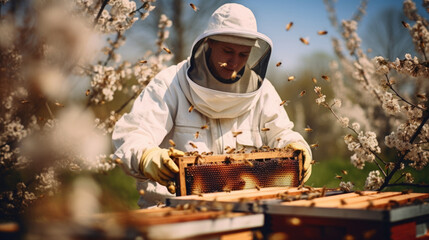 Skilled apiarist collecting golden honey from buzzing beehives, showcasing the importance of beekeeping in honey production. AI generated