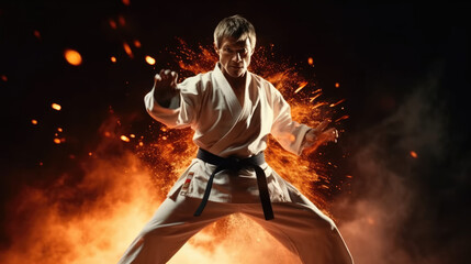 Karate Fury Unleashed. Striking Action in White Kimono Amid Flames. Karate Practitioner Showcases Skill. Powerful Karate Performance