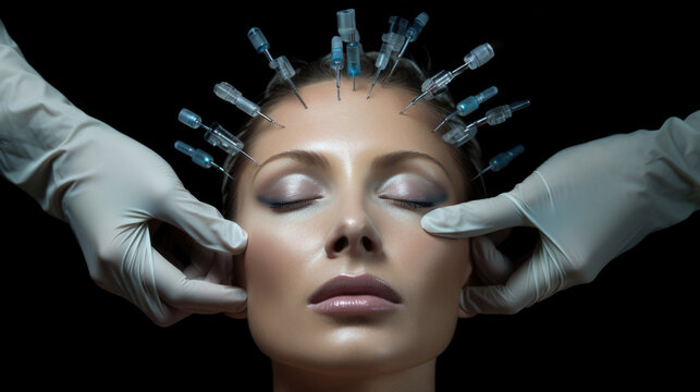 A woman with a lot of needles in her face, the influence of fashion on the constant change in appearance, a negative attitude towards herself. surgery AI generated