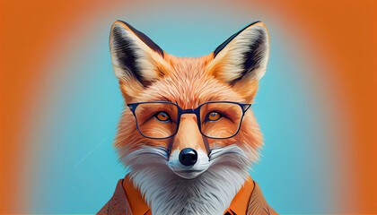 Stylish portrait of dressed up imposing anthropomorphic handsome fox wearing glasses and suit on vibrant orange background with copy space. Funny pop art illustration Ai generated image