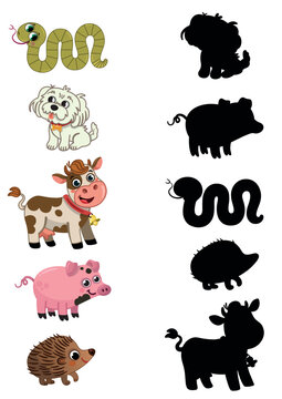 Printable worksheet for preschool children in shadow match the animals theme. Vector illustration.