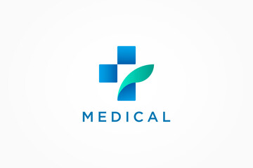 Medical Logo. Blue Cross Sign with Leaf Combination isolated on White Background. Flat Vector Logo Design Template Element for Hospital Logos.