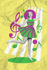 Creative retro collage image of carefree charming lady dancing enjoying music isolated colorful yellow background