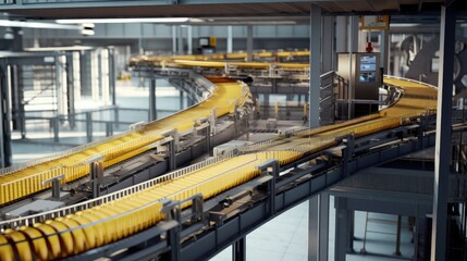 Fototapeta premium Conveyor belts transporting components from one workstation to another, seamlessly integrating them to create the final product.