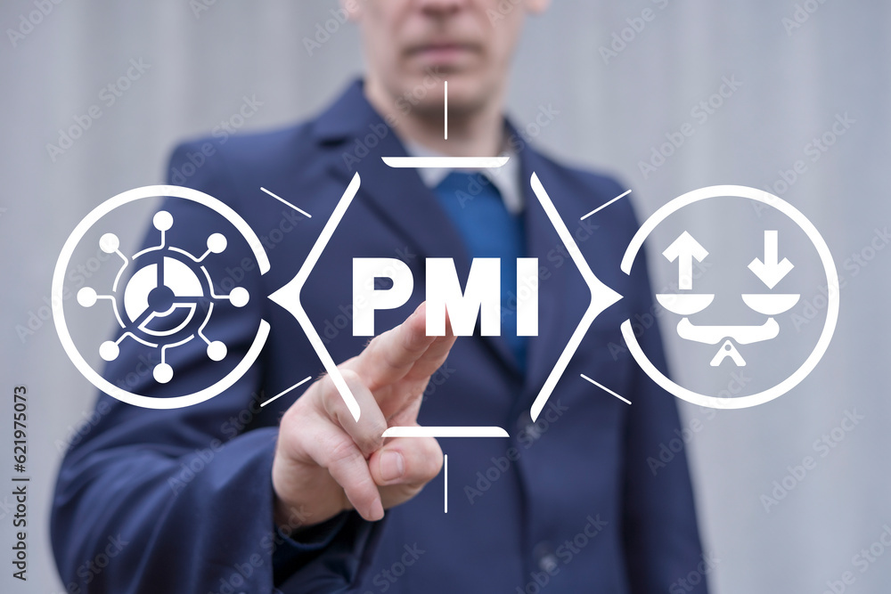 Poster man using virtual touch screen presses abbreviation: pmi. concept of pmi - purchasing managers index