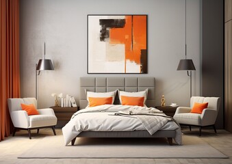 A minimal orange bedroom with a cozy bed and two chairs creates an inviting interior design that radiates a warm and inviting atmosphere