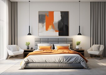 A minimalistic orange bedroom featuring a large bed and two chairs radiates a sense of calm, inviting its occupants to relax and unwind