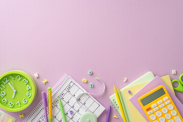 Embrace the concept of learning with this top-down image featuring calendar and selection of school supplies on isolated light purple backdrop. The copy-space allows for text or promotional material