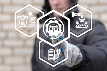 Engineer using virtual touch screen sees icon: BATTERY. Concept of accumulator production....