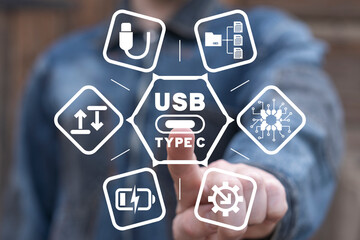 Man using virtual touch screen presses inscription: USB TYPE C. Concept of USB type C port cable. USB type С technology integration.