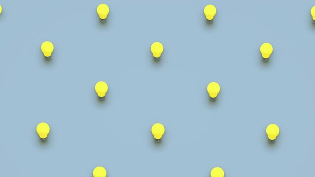Abstract 3d render of light bulb objects in isometric view moving camera around. Computer generated loop animation. 4K seamless motion design
