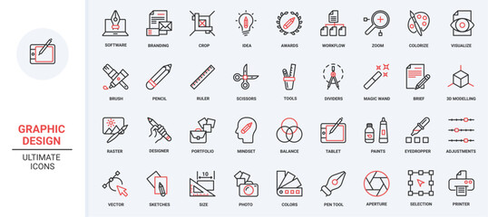 Graphic design red black thin line icons set vector illustration. Tools for creative projects of designer, software and stationery for interface panel in mobile app, pack for creators portfolio.