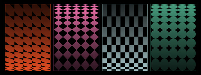 Rave psychedelic retro futuristic set. 3D abstract posters, patterns, cyberpunk elements isolated on black background. Abstract net structure deformation, flowing surface. Vector illustration