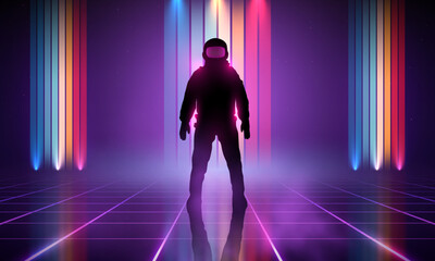 Retrowave, synthwave, vaporwave illustration with laser grid landscape in the starry space, through the brightly glowing pink portal a man in a spacesuit came out. Vintage Striped Retro Colors 80s