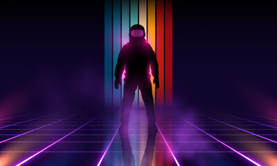 Retrowave, synthwave, vaporwave illustration with laser grid landscape in the starry space, through the brightly glowing pink portal a man in a spacesuit came out. Vintage Striped Retro Colors 80s