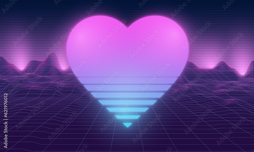 Aufkleber heart shape with synthwave wireframe net illustration. abstract digital background. 80s, 90s retro f