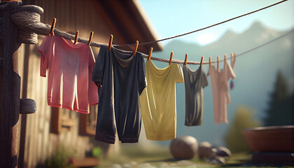 Washed clothes on clothesline drying on rope outside. Outdoor background Ai generated image