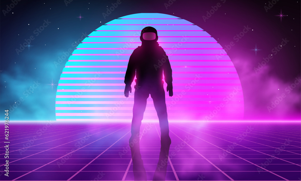 Poster neon glowing retro astronaut spaceman background design. synthwave wireframe net illustration. abstr