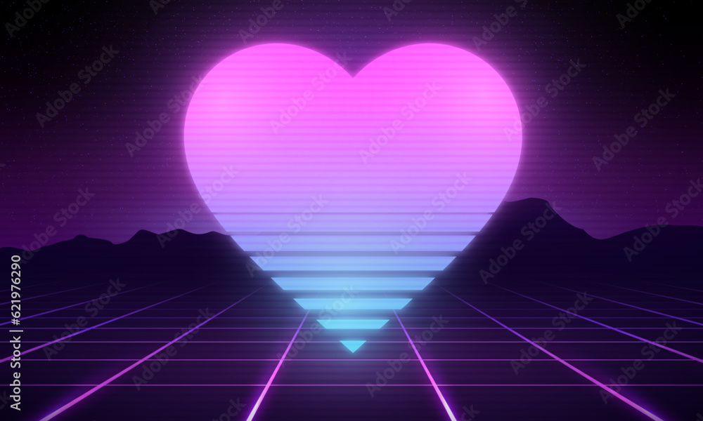 Poster heart shape with synthwave wireframe net illustration. abstract digital background. 80s, 90s retro f