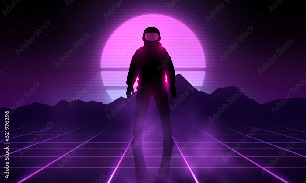 Poster neon glowing retro astronaut spaceman background design. synthwave wireframe net illustration. abstr