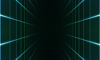 Synthwave vaporwave retrowave cyber background with copy space, laser grid, starry sky, blue and purple glows with smoke and particles. Design for poster, cover, wallpaper, web, banner, etc. 