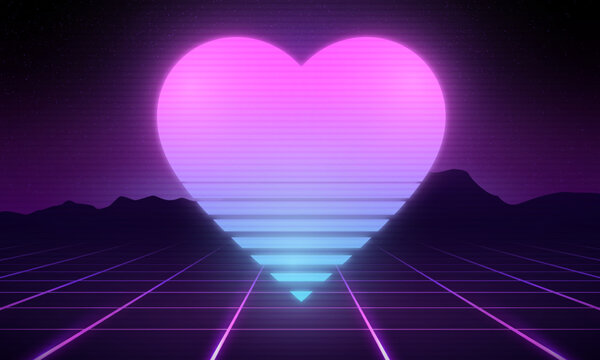 Heart shape with Synthwave wireframe net illustration. Abstract digital background. 80s, 90s Retro futurism, Retro wave cyber grid. Landscape mountain surfaces. Neon lights glowing. Starry background.