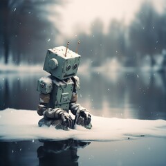 A robot freezing in the snow. Generative AI