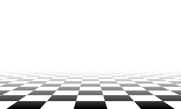 Naklejki Chess perspective floor background. Black and white chessboard perspective floor texture. Checker board pattern surface. Fading away vanishing checkerboard background. Abstract vector illustration.
