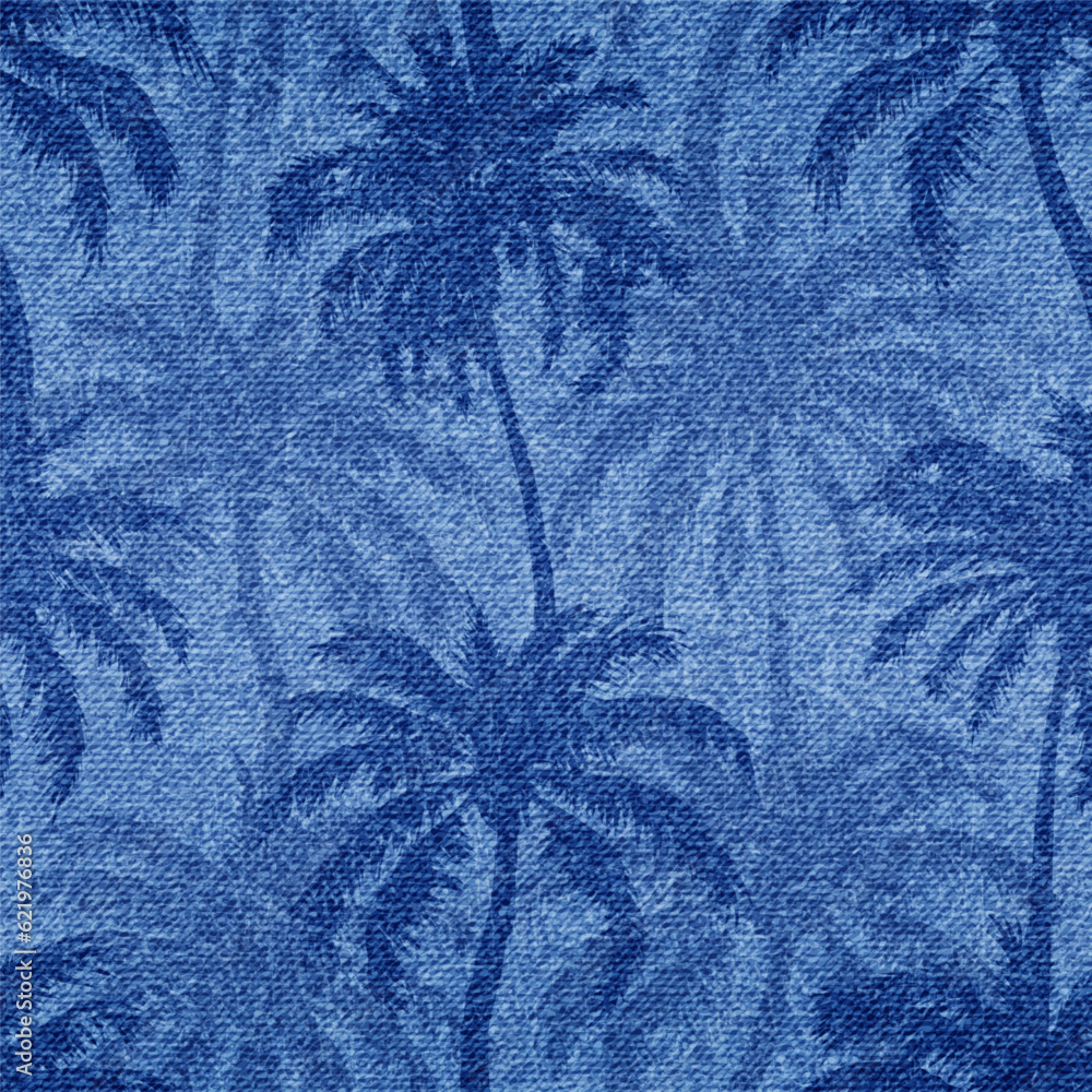 Poster palm seamless pattern. repeated palm trees patern. silhouette coconut tree. denim beach background. 
