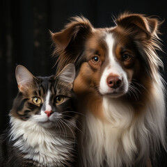 Naklejka na ściany i meble Cat and dog, animal friendship. AI generative.