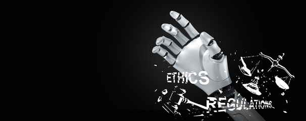 Artificial intelligence violates AI ethics and regulations. Robotic hand breaks out of control of the ethic and regulation symbols, a gavel and a justice scale. - obrazy, fototapety, plakaty