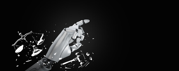 Artificial intelligence violates AI ethics and regulations. Robotic hand breaks out of control of the ethic and regulation symbols, a gavel and a justice scale.