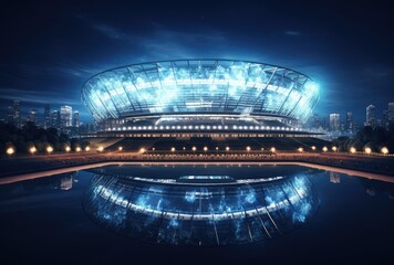 Obraz premium textured soccer game field with neon fog - center, midfield. Created with Generative AI technology.