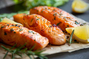 Cooked salmon fish fillet with lemon and rosemary - obrazy, fototapety, plakaty