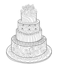 Hand drawn doodle cake with flowers for coloring book for kids and adults. Zentangle style. 

