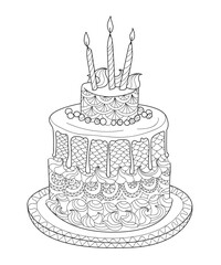 Hand drawn doodle cake with candles for coloring book for kids and adults. Zentangle style. 
