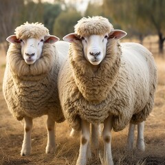 Fototapeta premium Merino sheep farm pasture countryside. Generative AI