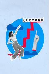 Sketch artwork 3d poster collage of happy cheerful crazy girl hand showing way professional growth...