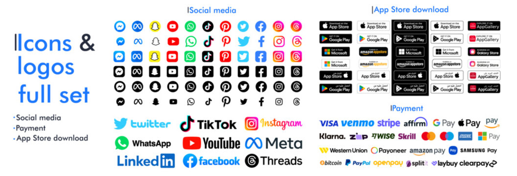 Social media icons, payment logos, and app store download badges. Facebook, Instagram, Twitter, Youtube, Pinterest, Threads, App Store, Google, Play Store, Apple, TikTok, Whatsapp, Linkedin, Paypal, a