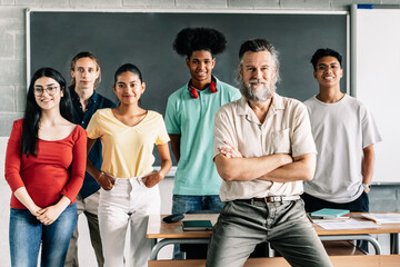 Portrait group of teenager students and teacher in the High School College - Multiracial Diversity...